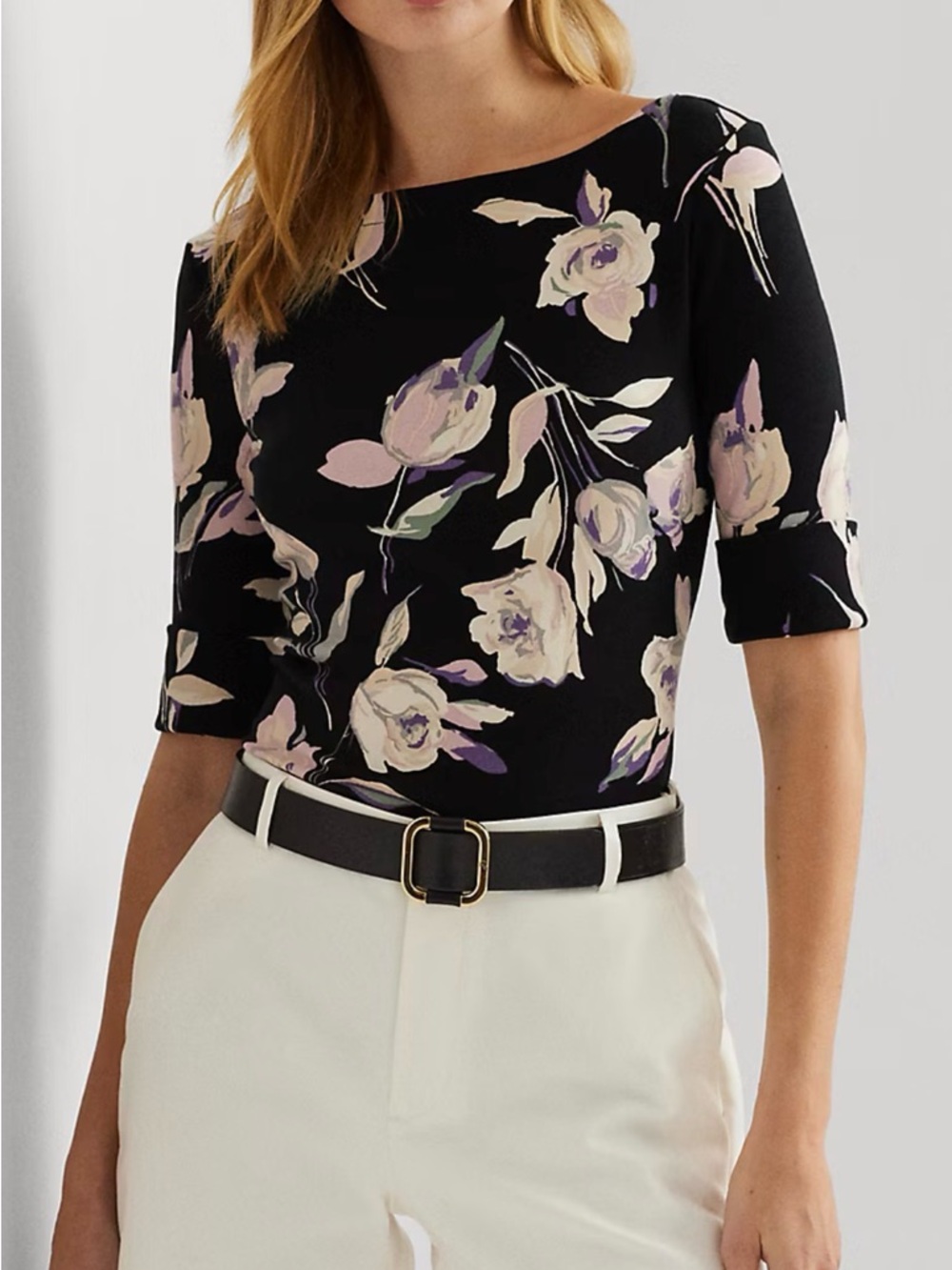 Lauren Ralph Lauren Black Large Floral Cotton stretch 3/4 -Sleeve  Boatneck top